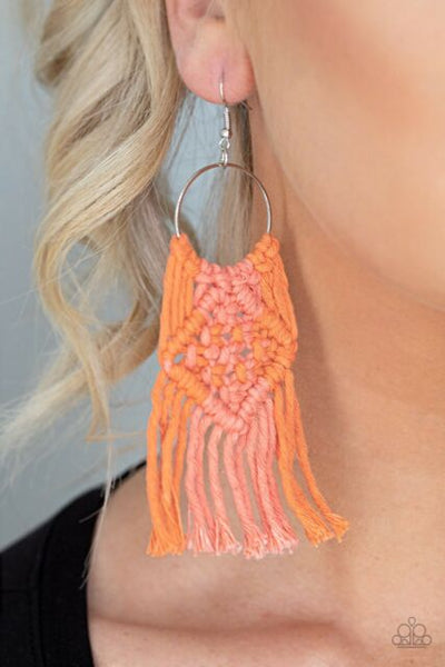 Paparazzi Macrame  Rainbow Orange Earring Pink Orange Coral Fringe