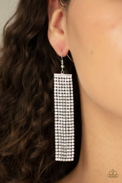 Paparazzi Top Down Shimmer White Earring Rhinestone Bling Tassel Long