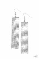 Paparazzi Top Down Shimmer White Earring Rhinestone Bling Tassel Long