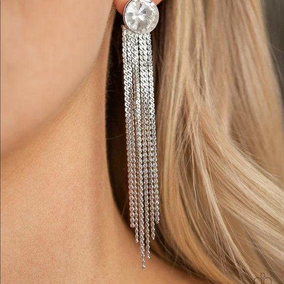 Paparazzi Accessories Level Up White Gem Post Bling Tassel Chain