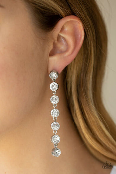 Paparazzi Dazzling Debonair White Post Earring Bling Long Silver