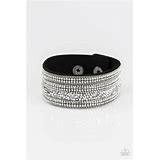 Paparazzi Really Rock Band Black White Rhinestone Suede Wrap Bracelet