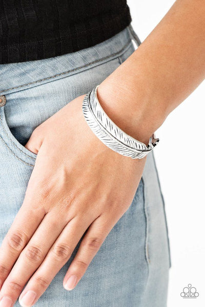 Paparazzi Accessories Tran-Quill-Ity Silver Bracelet Feather Cuff Leaf