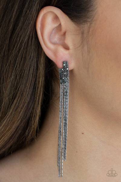 Paparazzi Radio Waves Black Post Earring Gunmetal Tassel Chain