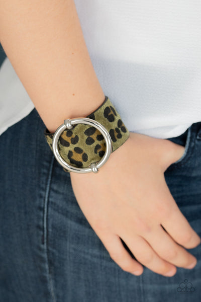 Paparazzi Asking FUR Trouble Green Urban Bracelet Animal Print Black Leather