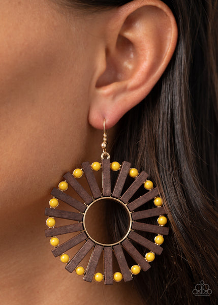Solar Flare - Yellow Brown Wooden Earrings Paparrazi Accessories