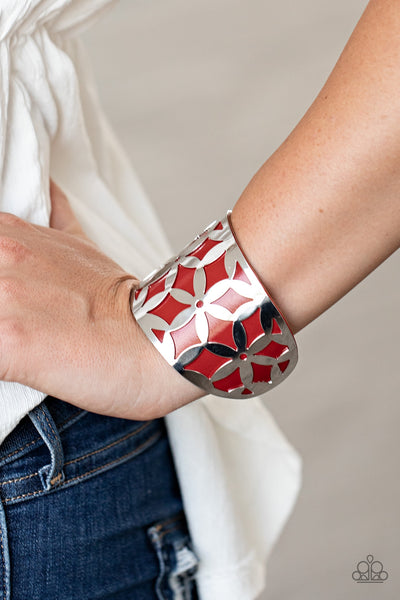 Garden Fiesta - Red Silver Floral Cuff Bracelet Paparrazi Accessories