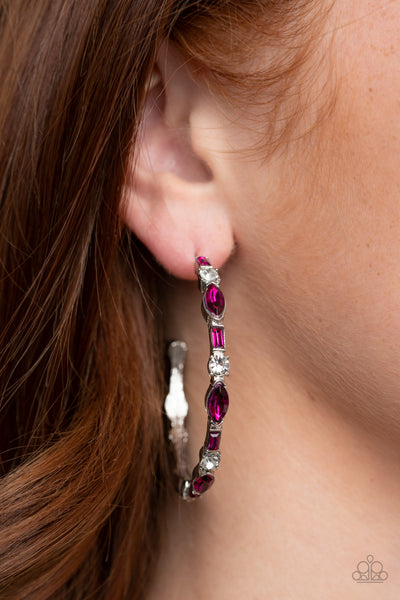 There Goes The Neighborhood - Pink Bling Hoop Earrings Paparrazi Accessories