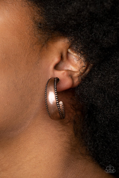 Burnished Benevolence - Copper Hoops Earrings Paparrazi Accessories
