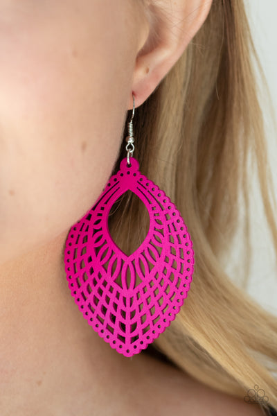 One Beach At A Time - Pink Wooden Earrings Paparrazi Accessories