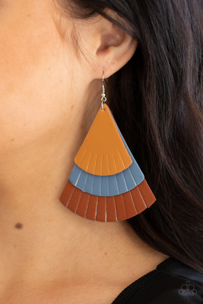Huge Fanatic - Multi tan blue brown Leather earrings Paparrazi Accessories