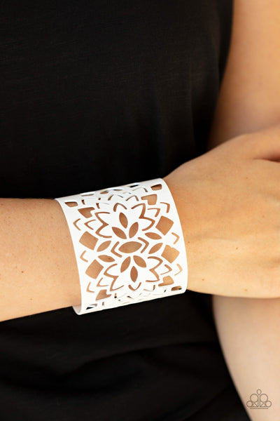 Hacienda Hotspot - White Floral Cuff Bracelet Paparrazi Accessories