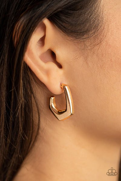 On The Hook - Gold Edgy Hoops earrings Paparrazi Accessories