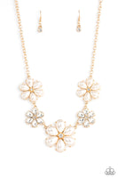 Fiercely Flowering Gold Pearl Bling Necklace Paparazzi Accessories