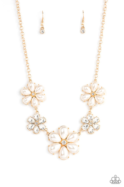 Fiercely Flowering Gold Pearl Bling Necklace Paparazzi Accessories