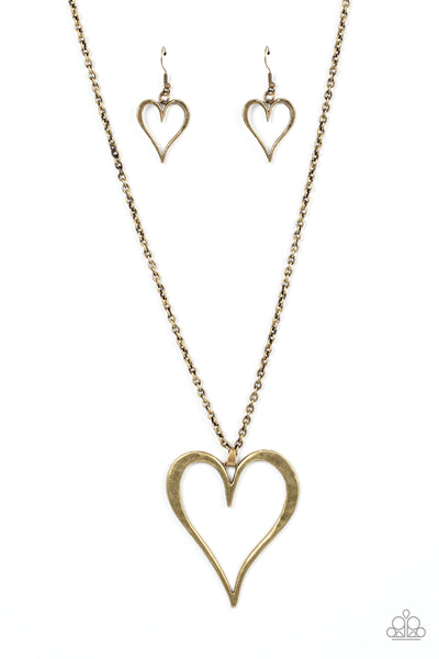 Hopelessly In Love Brass Long Heart Necklace Paparazzi Accessories