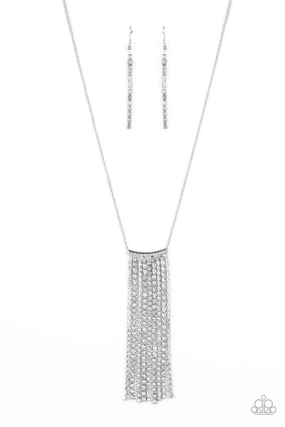 Stellar Crescendo White Rhinestone Tassel Necklace Paparazzi