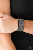 Paparazzi Really Rock Band Black White Rhinestone Suede Wrap Bracelet
