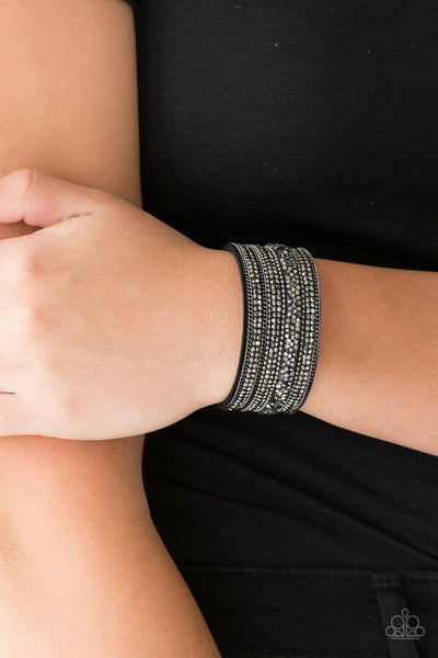 Paparazzi Really Rock Band Black White Rhinestone Suede Wrap Bracelet